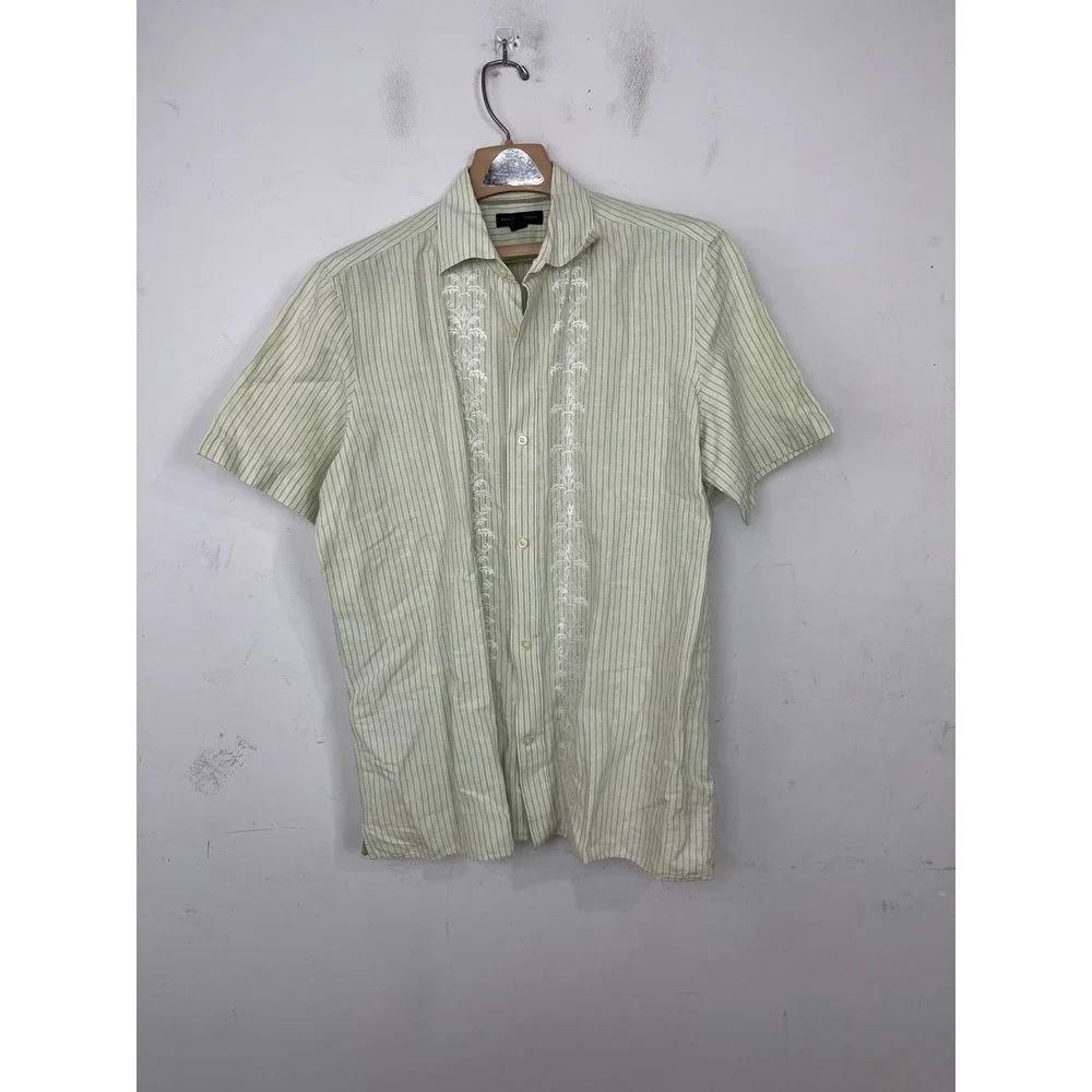 Banana Republic Mens L Guayabera‎ Shirt Green Striped Embroidered Linen Cotton